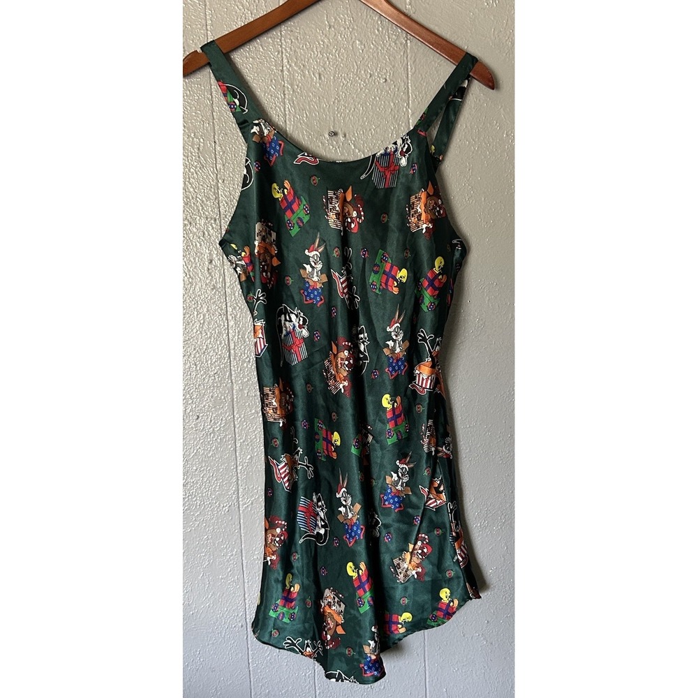 Vtg 90s Looney Tunes Lingerie Green Satin Nightgown Christmas Slip Size L - Picture 1 of 4